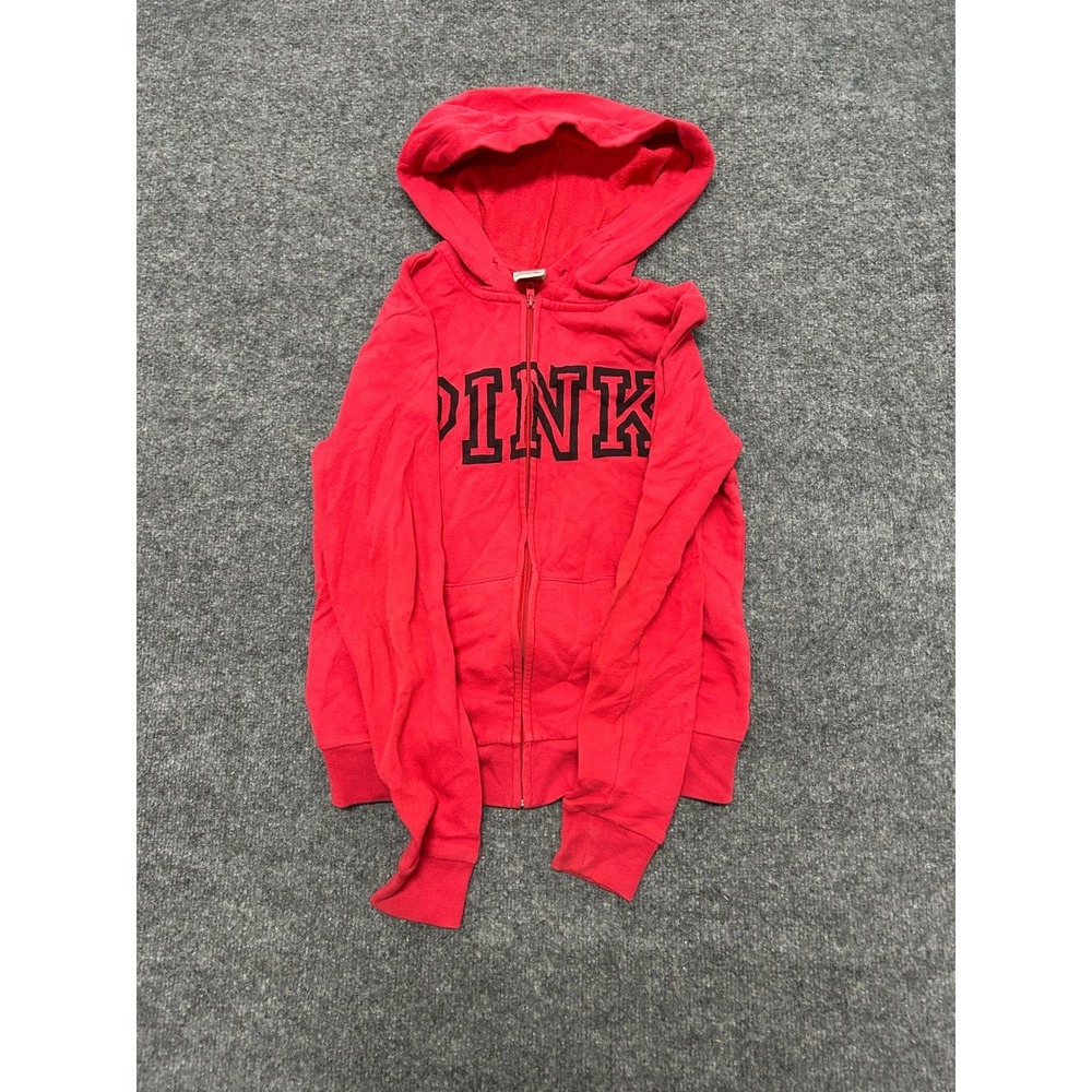 PINK Hoodie Womens Size S Red Full Zip Spellout Logo Casual Sweatshirt